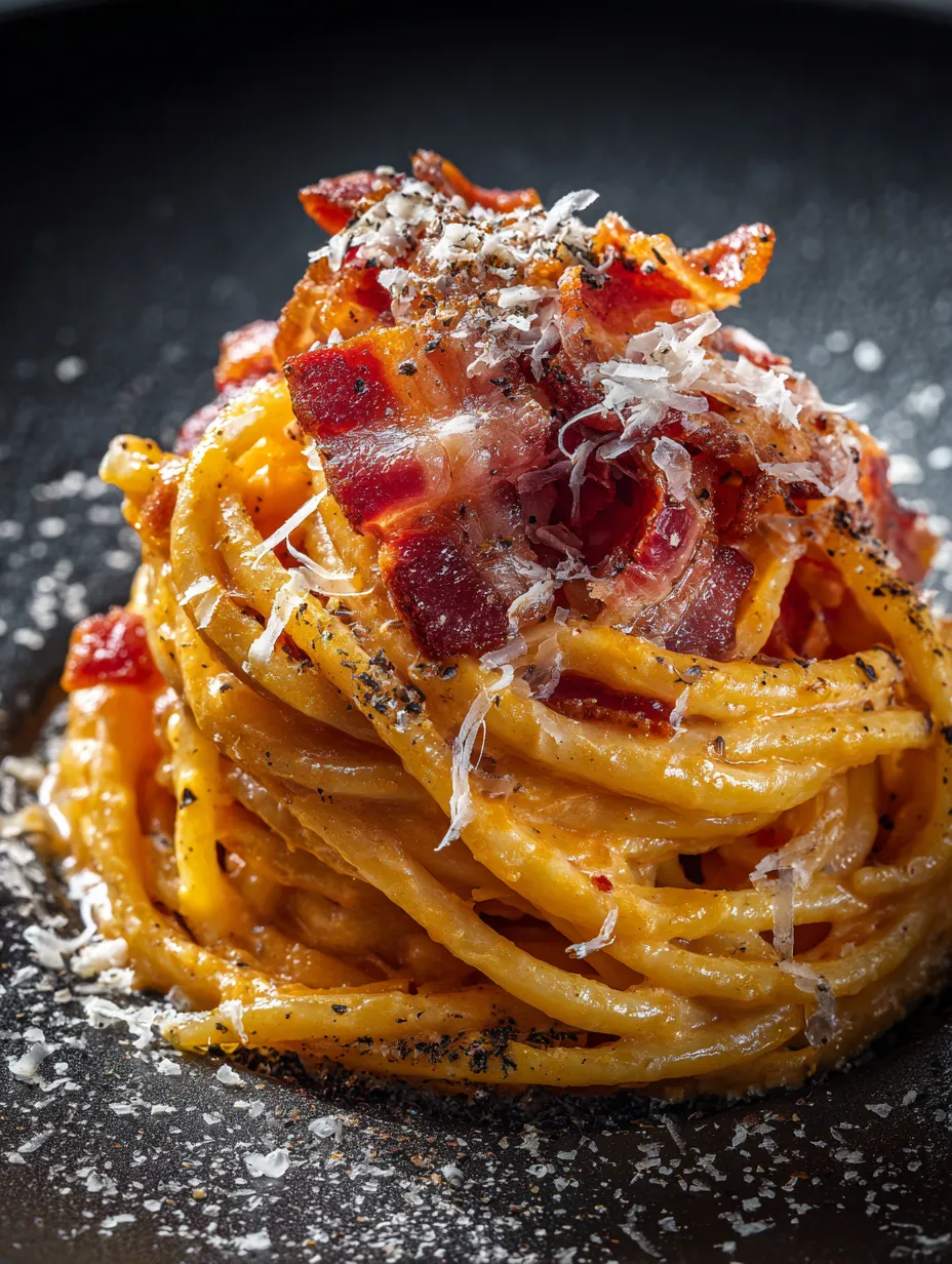 A plate of pasta with bacon and cheese on top.