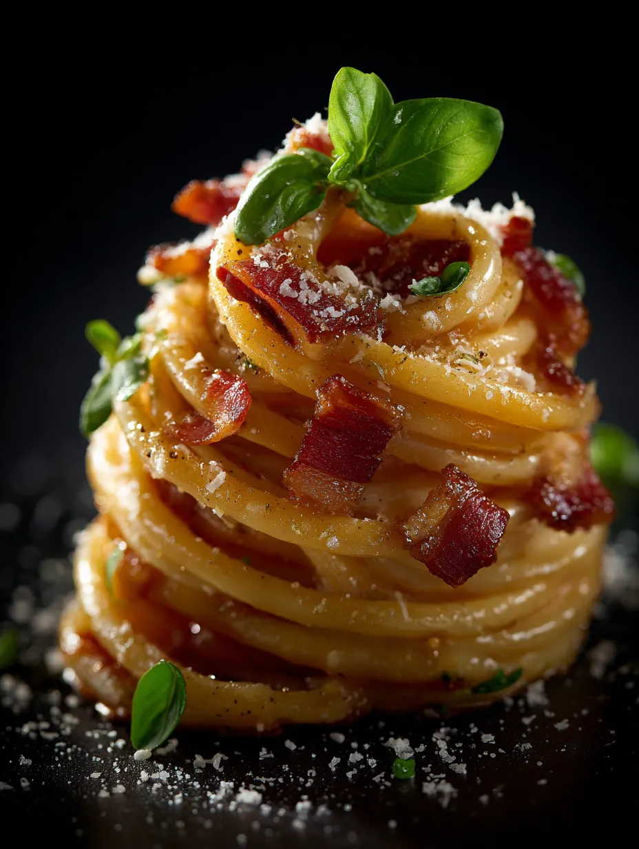 A stack of pasta with bacon and cheese.