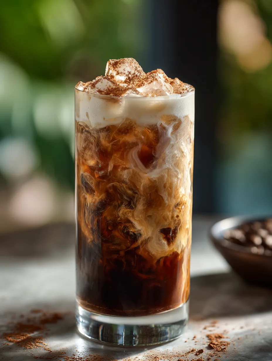 A glass of iced Mexican coffee with whipped cream on top.