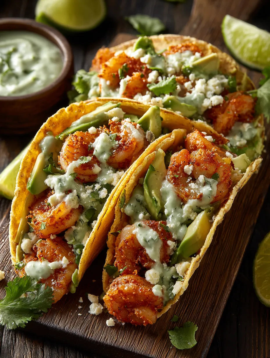 Two crispy shrimp and poblano tacos with avocado cilantro sauce.