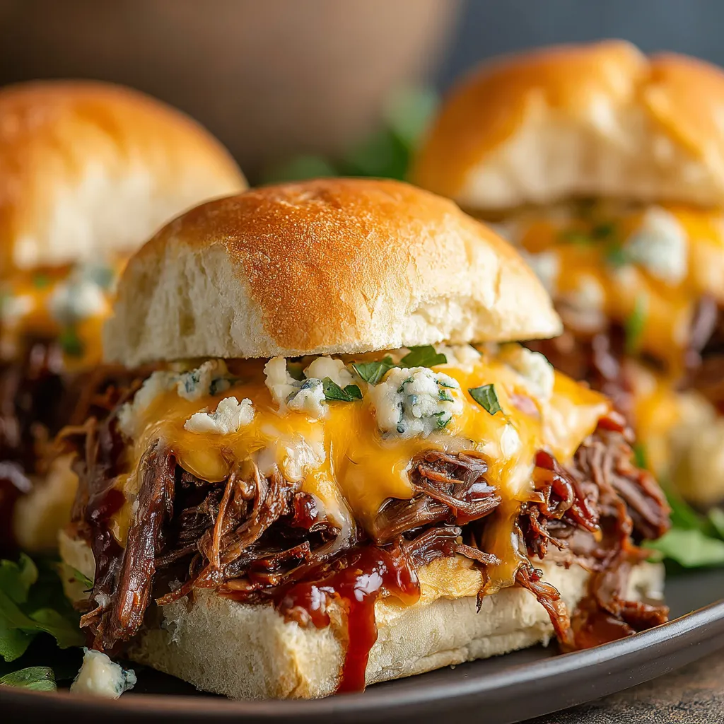 Three sandwiches with cheese and meat on a plate.