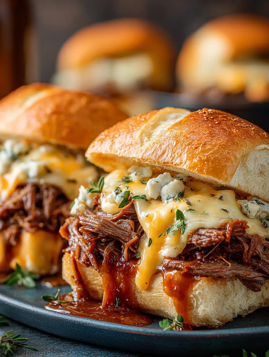 Two slow cooker beef and cheddar sandwiches.