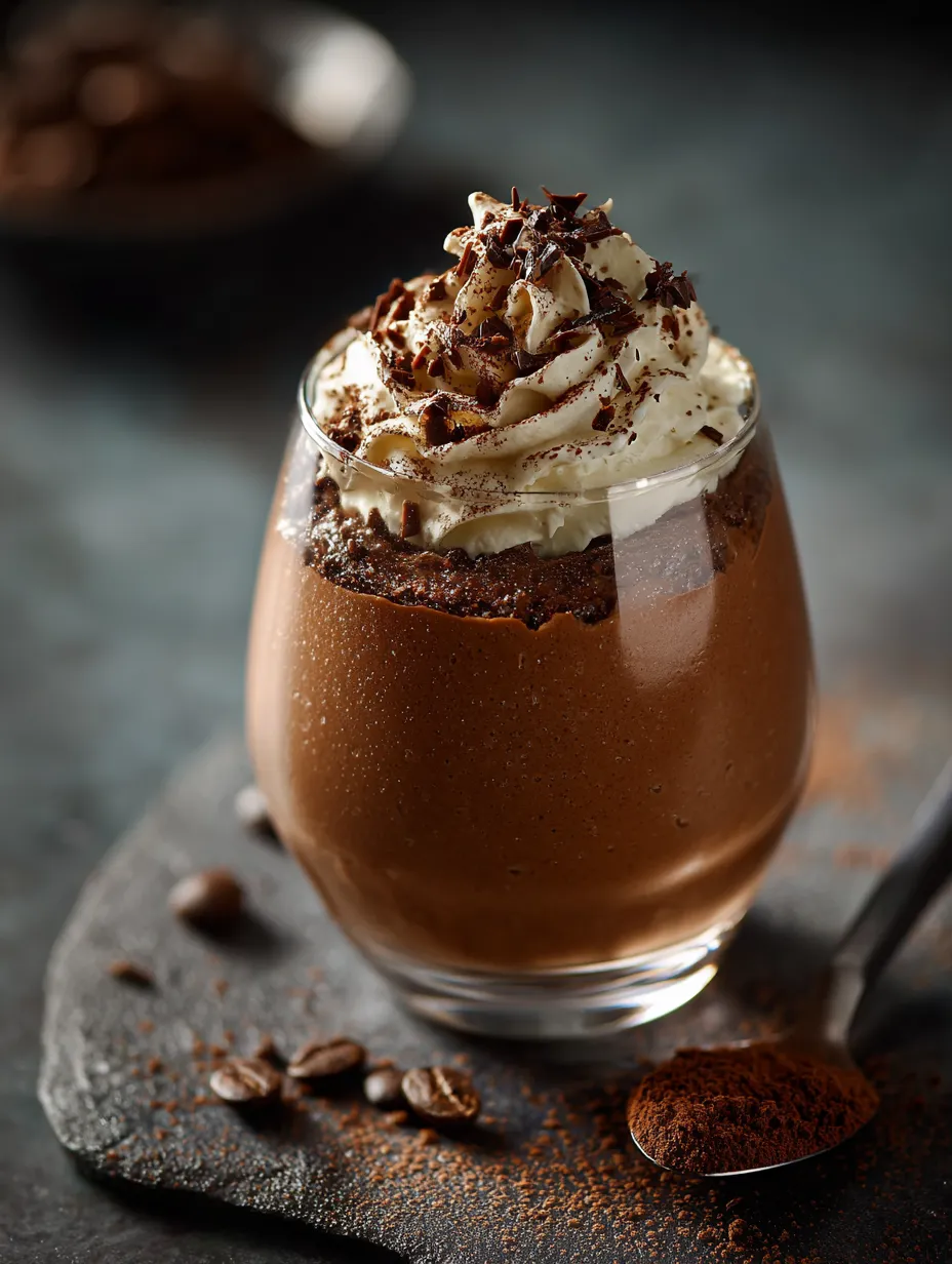 A glass of coffee mousse with whipped cream.