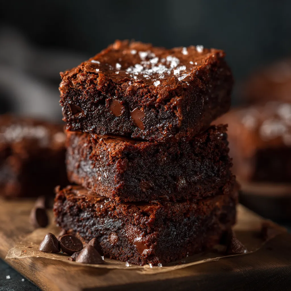 A stack of brownies with chocolate chips and powdered sugar.