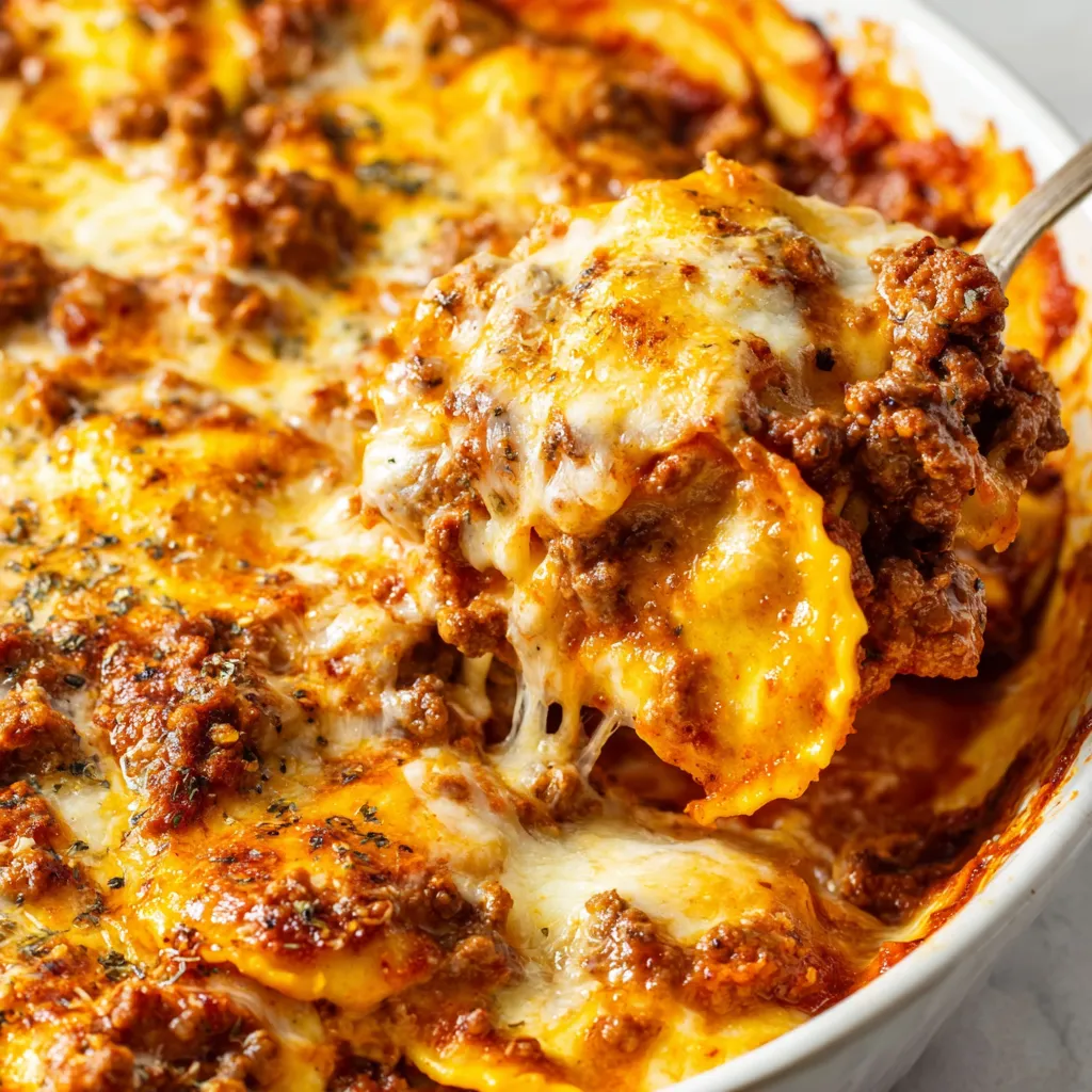 A close up of a delicious looking baked ravioli.