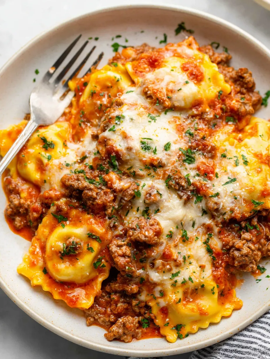 A plate of pasta with meat and cheese.