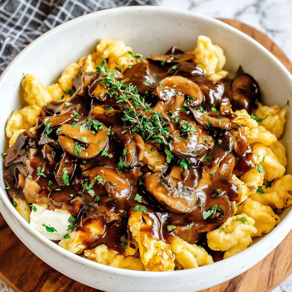 A bowl of Spaetzle with Mushroom Sauce.