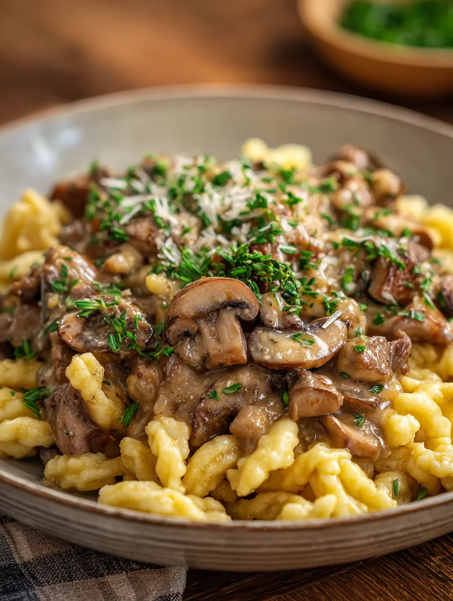 A bowl of Spaetzle with mushroom sauce.