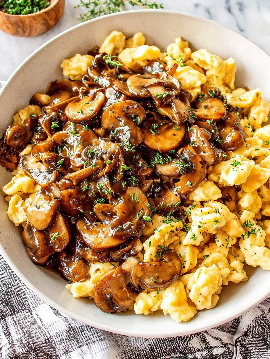 A bowl of mushroom sauce with mushrooms and eggs.