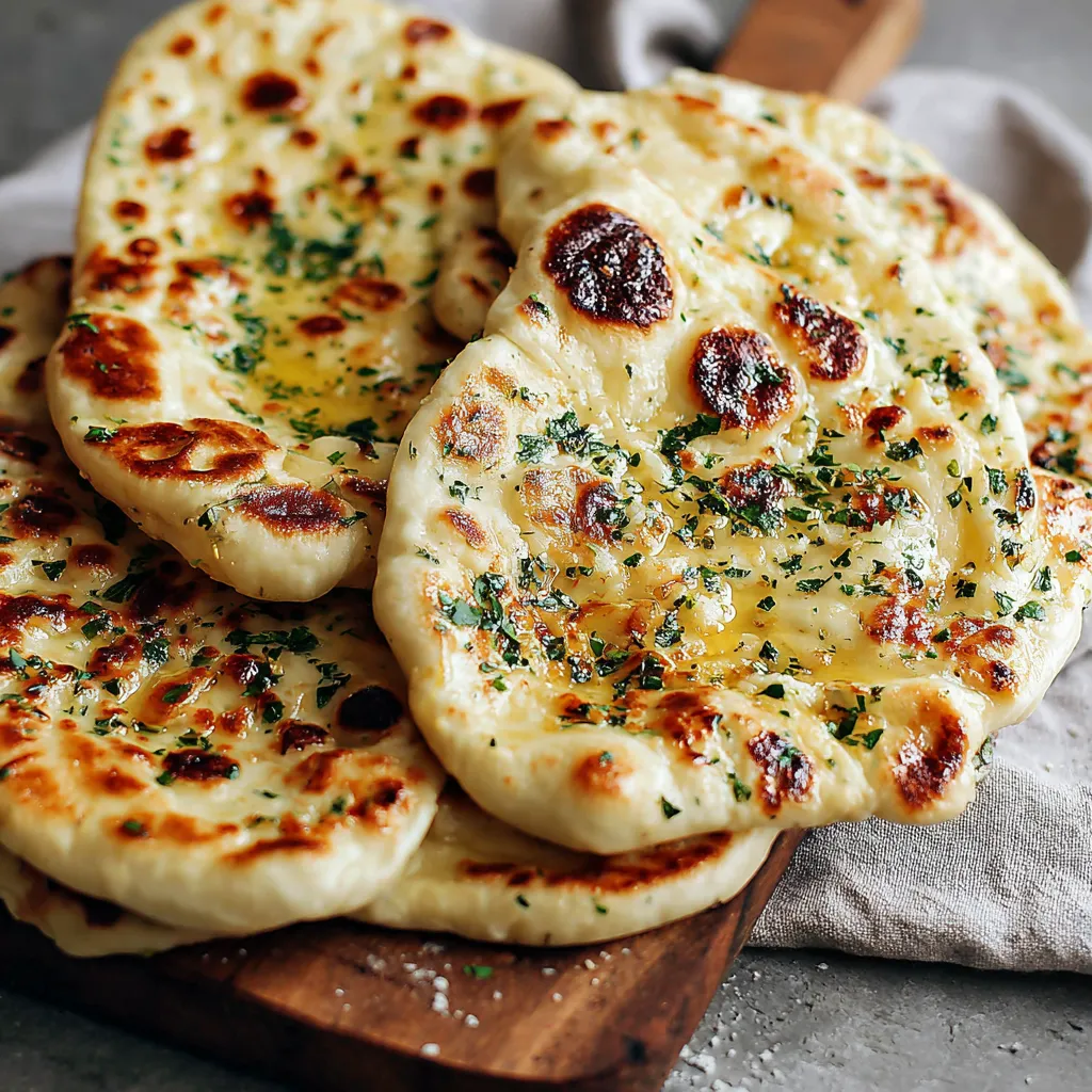 A wooden cutting board with three pieces of garlic naan bread.