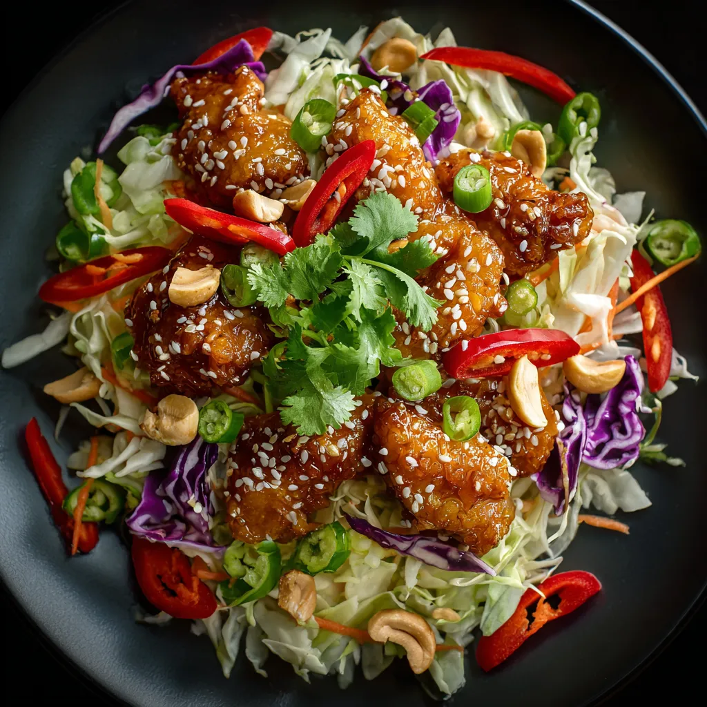 A plate of Sesame Chicken Cabbage Crunch Salad.