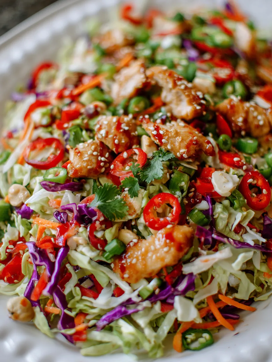 A salad with chicken, cabbage, and sesame seeds.