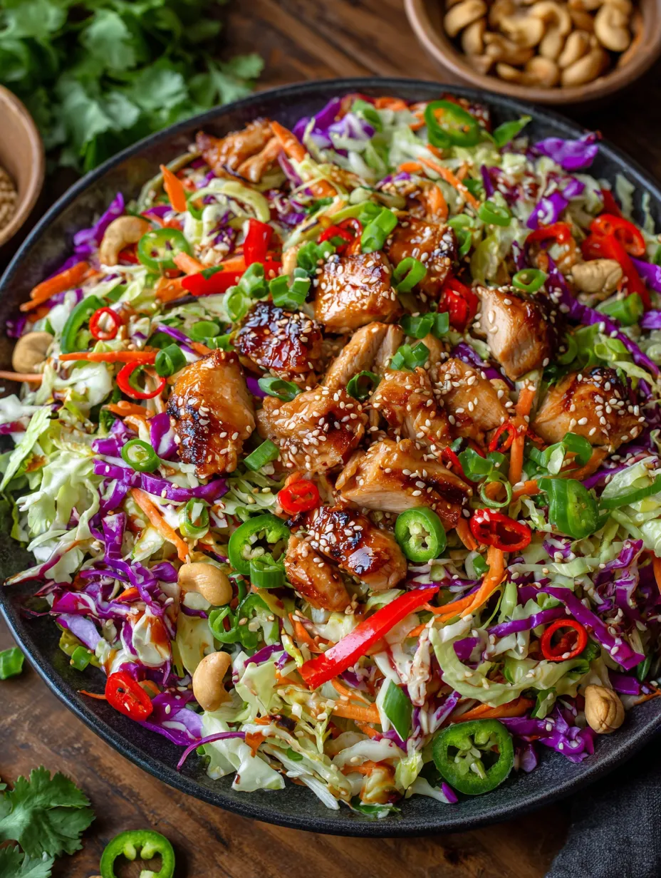 A plate of Sesame Chicken Cabbage Crunch Salad.