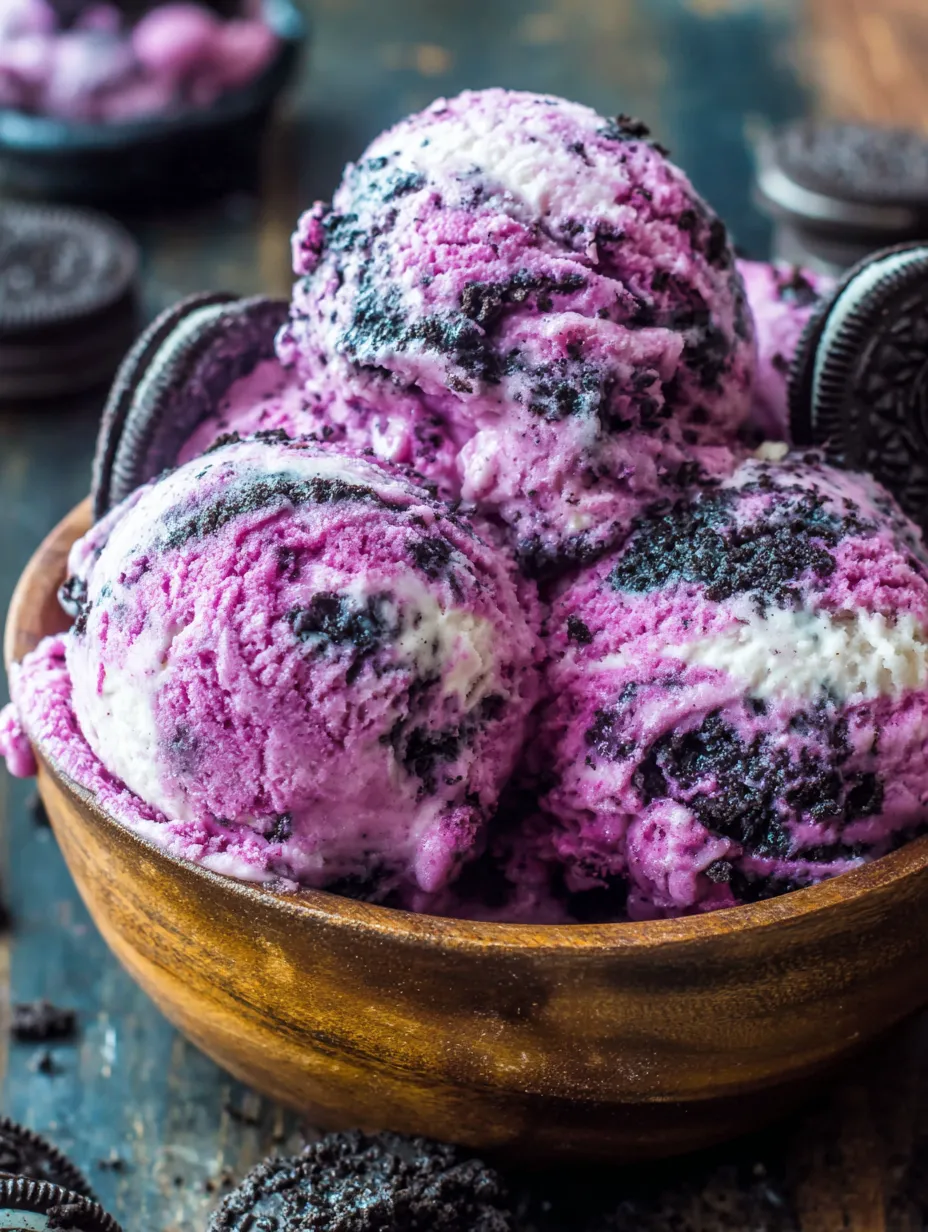 A bowl of black raspberry Oreo ice cream.