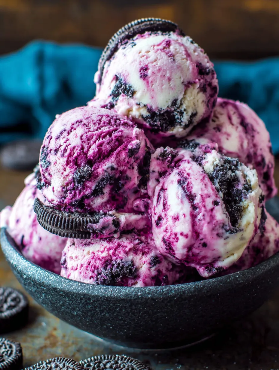 A bowl of black raspberry Oreo ice cream.