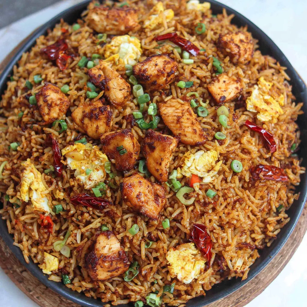 A plate of BBQ chicken fried rice.