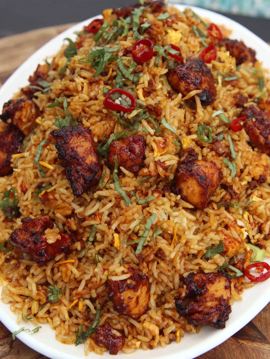 A plate of BBQ chicken fried rice.