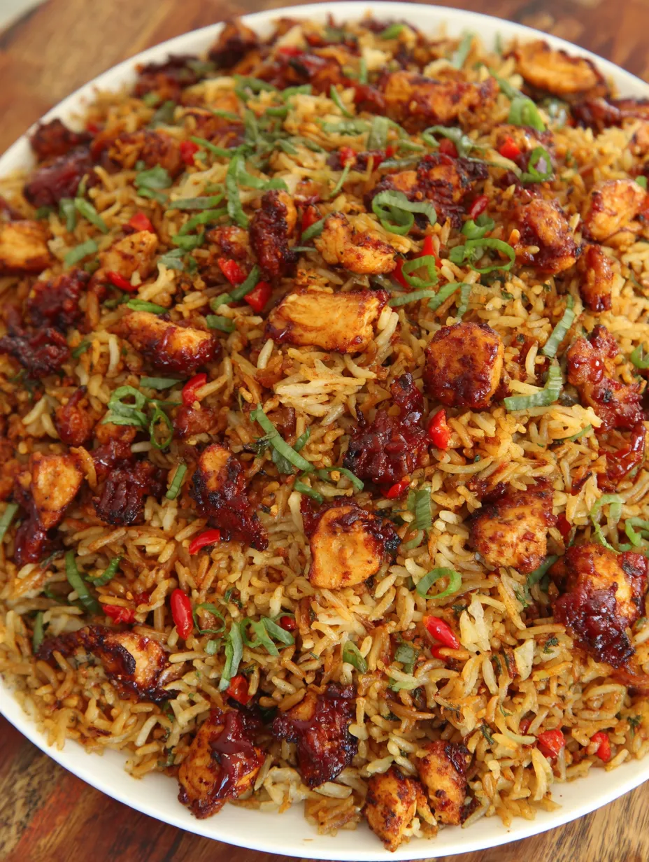 A plate of BBQ chicken fried rice.