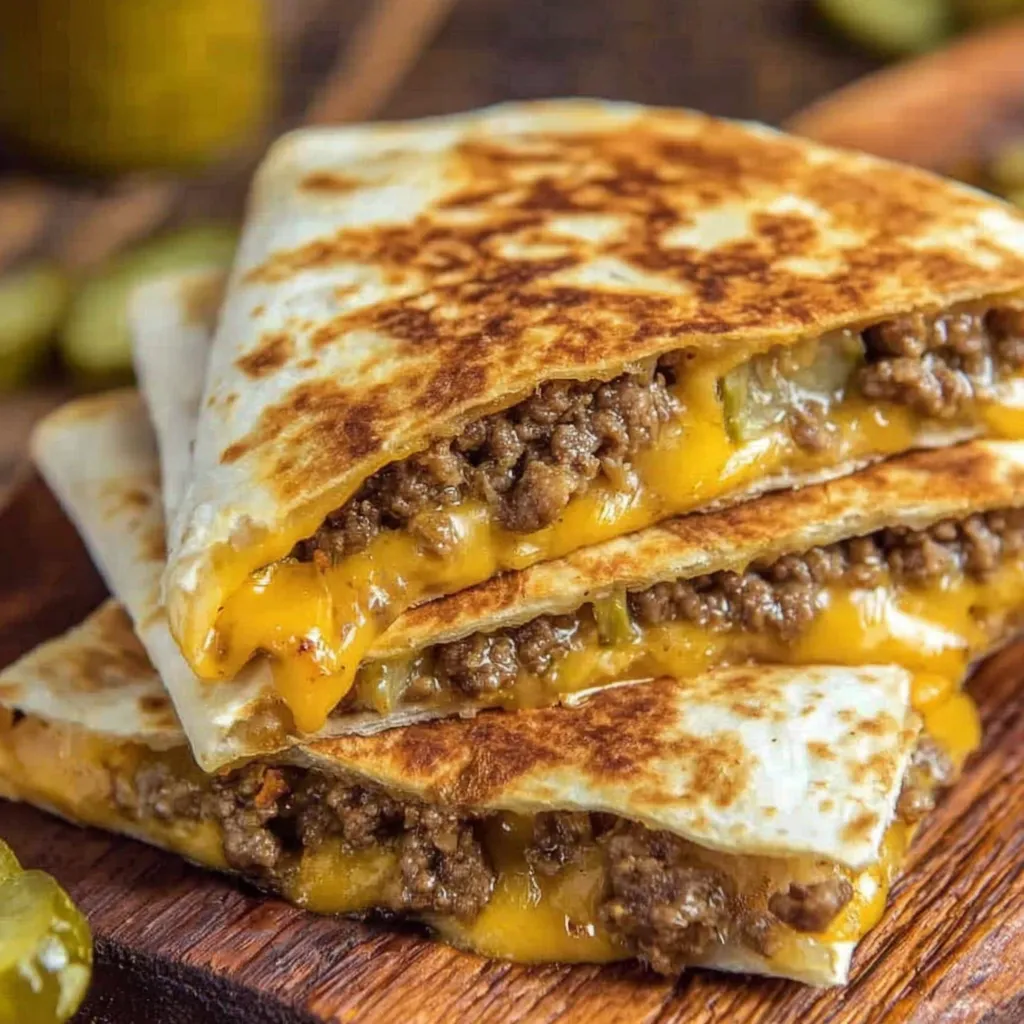 A cheeseburger with a slice of pickle on top.