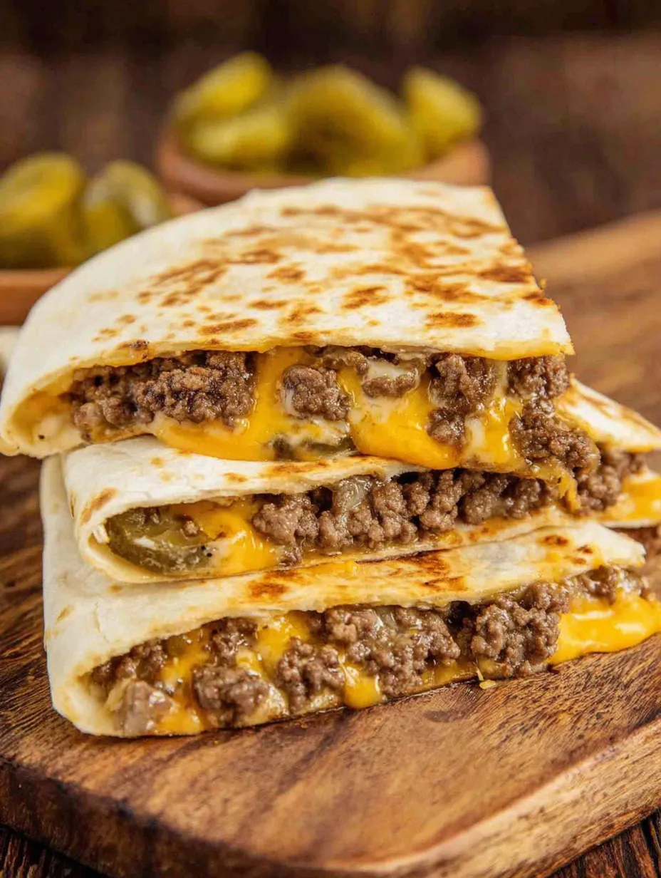 A stack of three blackstone cheeseburgers.