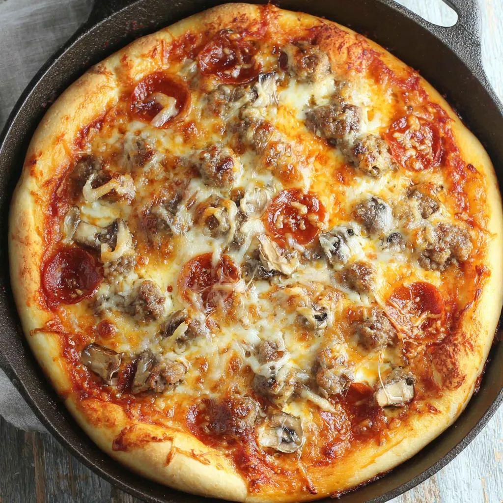 A pizza in a cast iron pan.