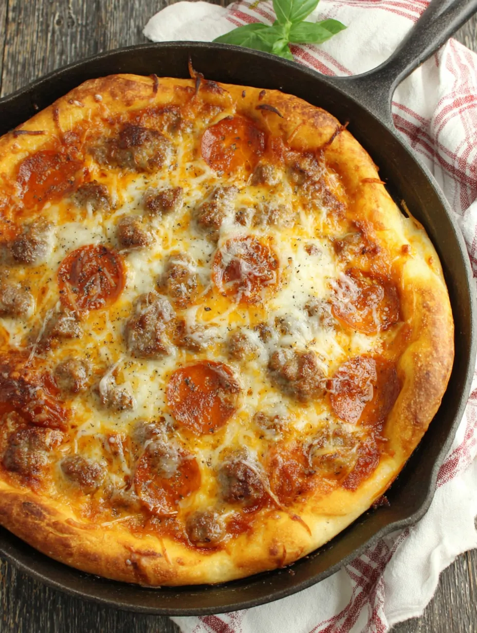 A pizza in a cast iron pan.