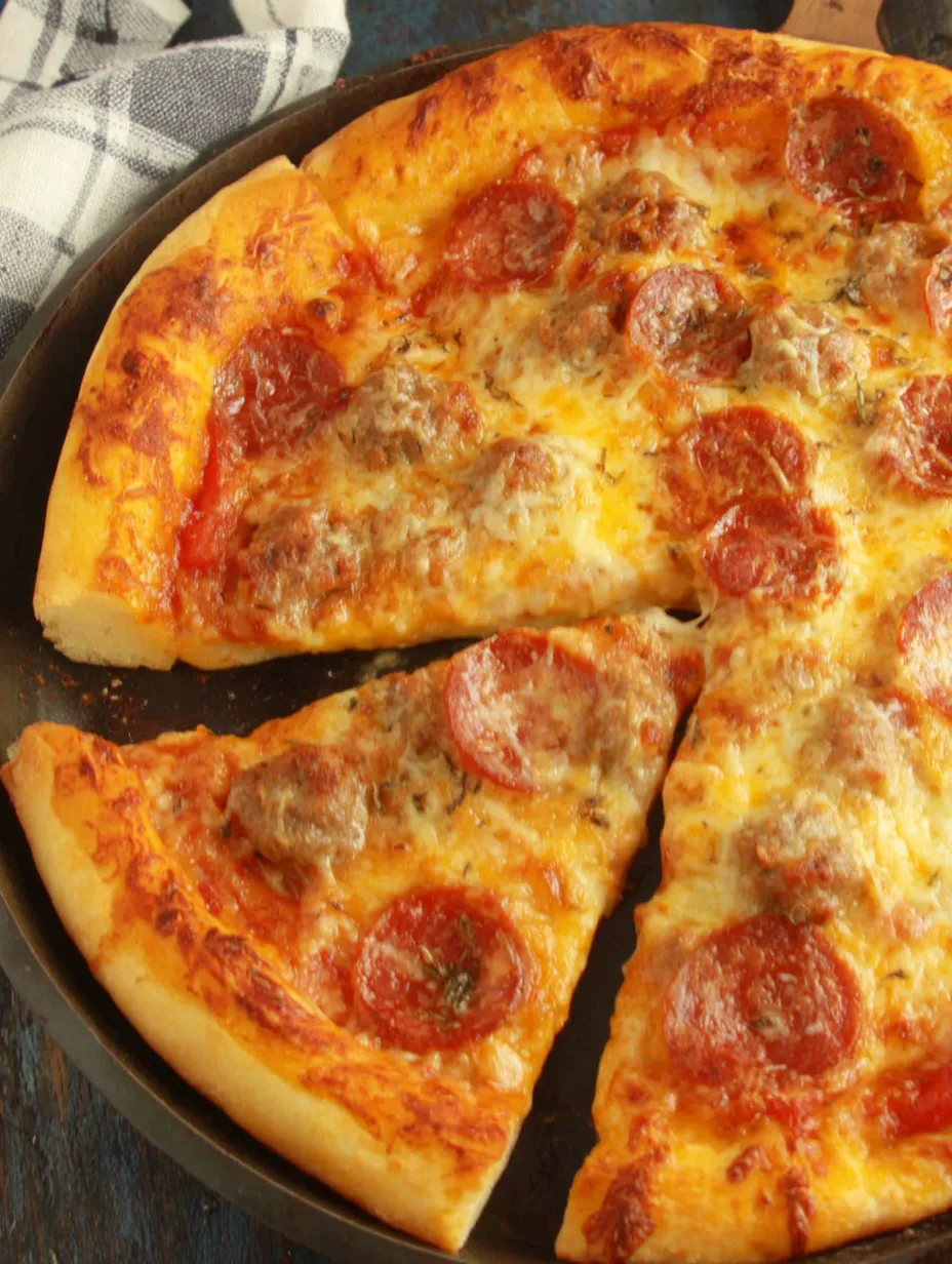 A slice of pizza in a cast iron pan.