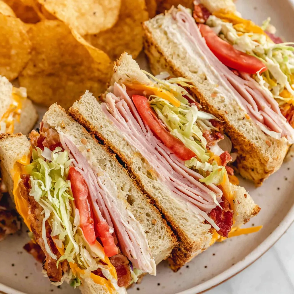 A club sandwich with lettuce, tomato, and bacon.