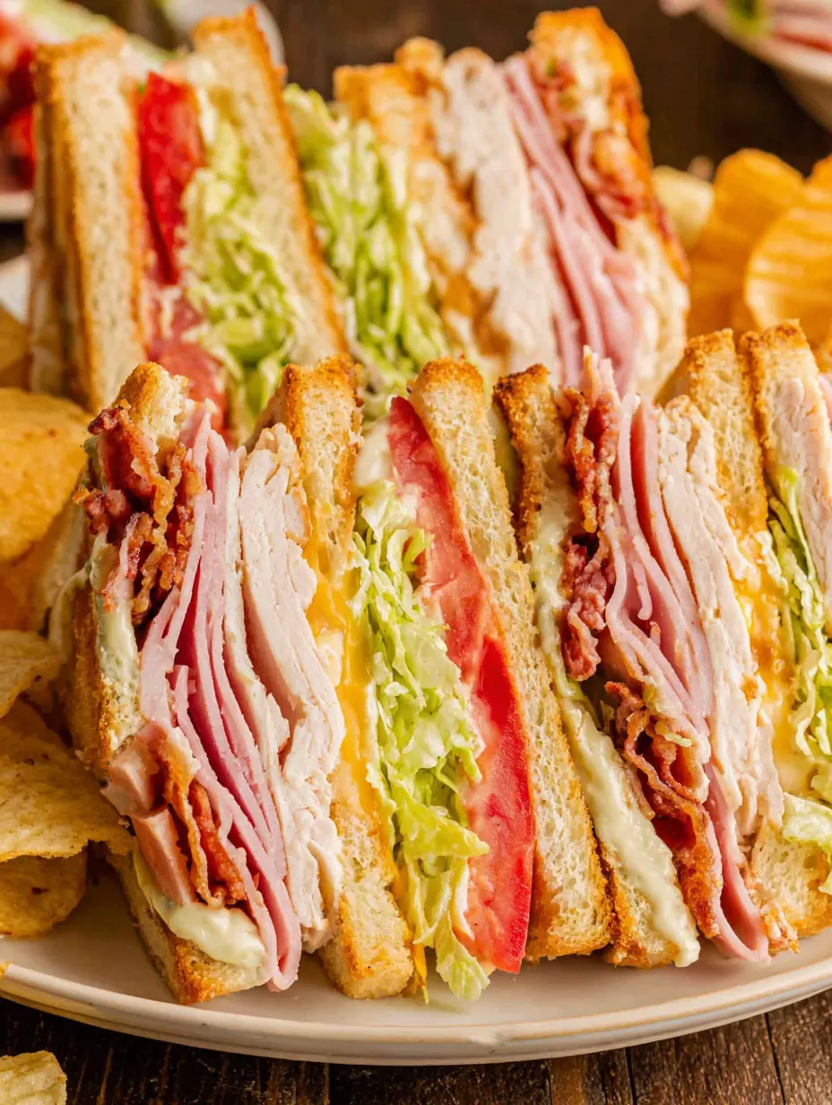 A club sandwich with lettuce, tomato, and bacon.