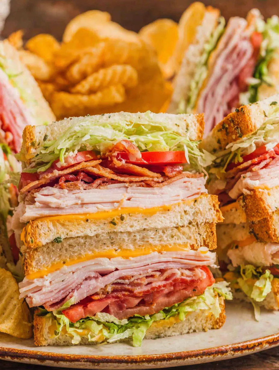 A club sandwich with lettuce, tomato, bacon, and cheese.