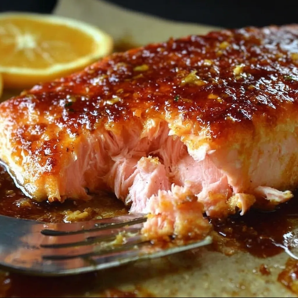 A piece of salmon with orange sauce and lemon on top.