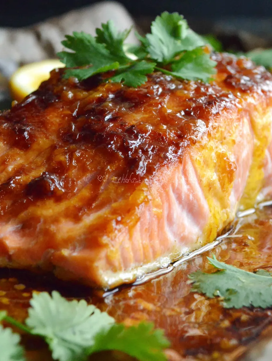 A piece of salmon with orange sauce on top.