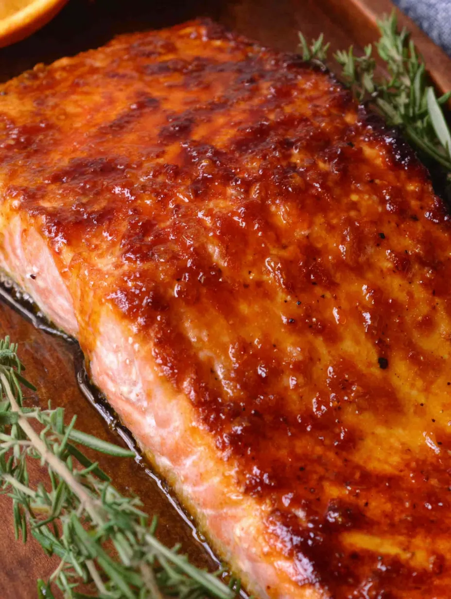 A piece of cooked salmon on a wooden cutting board.
