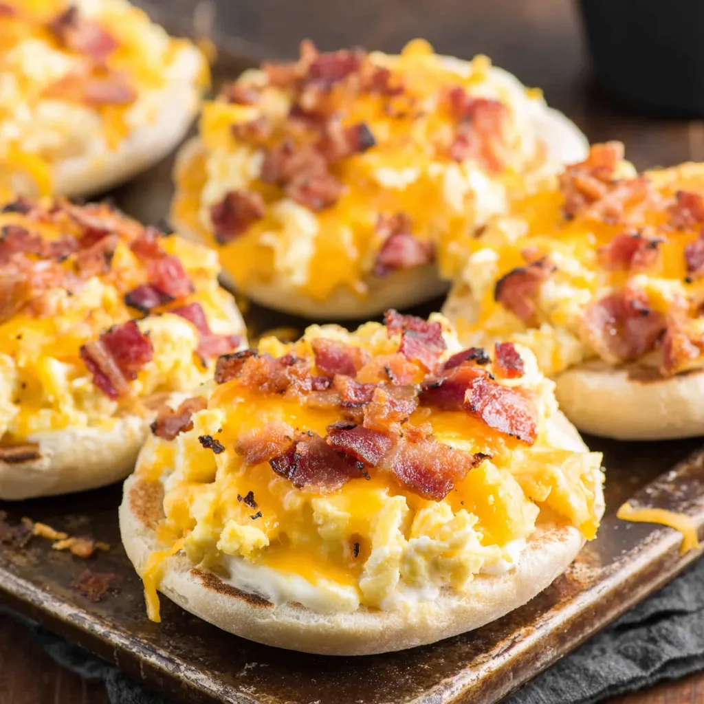 Mini breakfast pizzas with bacon and cheese.