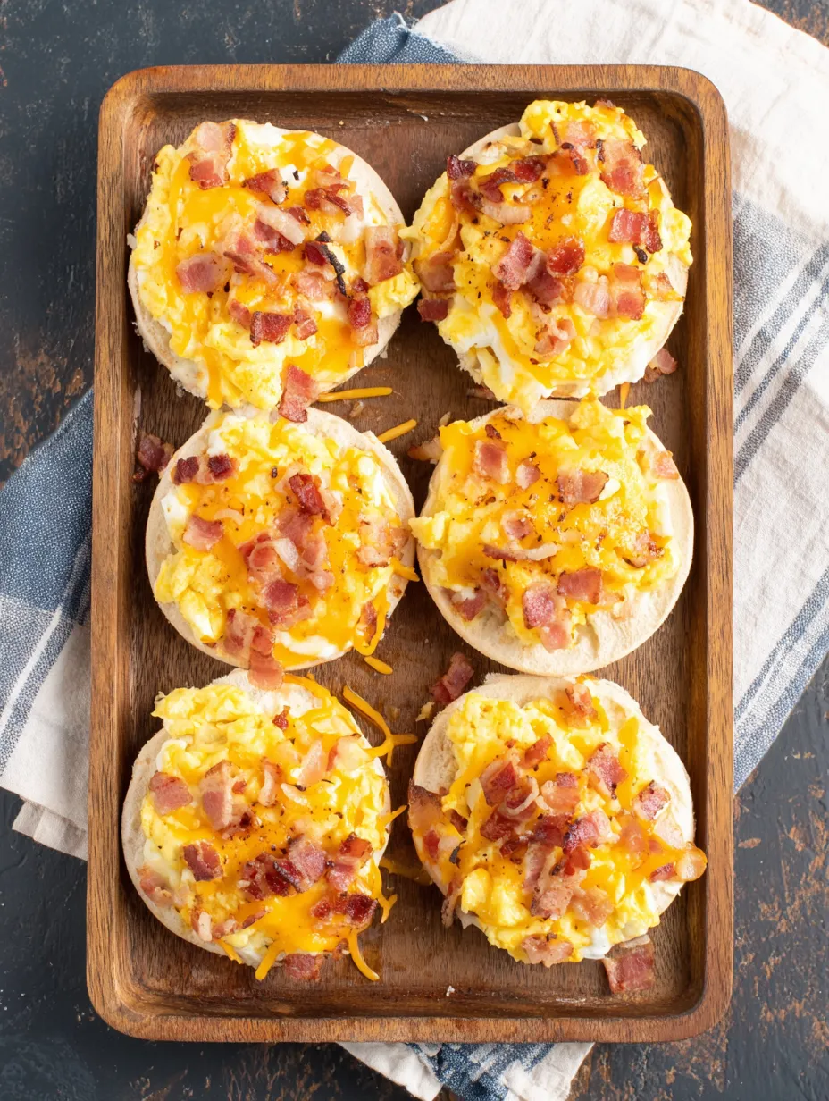 Four mini breakfast pizzas with cheese and bacon.