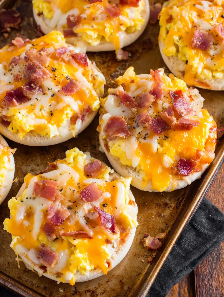 Mini breakfast pizzas with cheese and bacon.