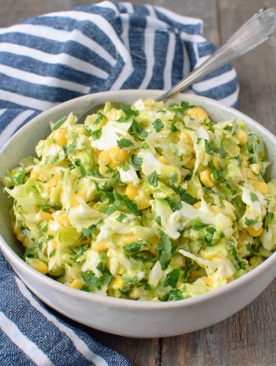 A bowl of jalapeno corn coleslaw.