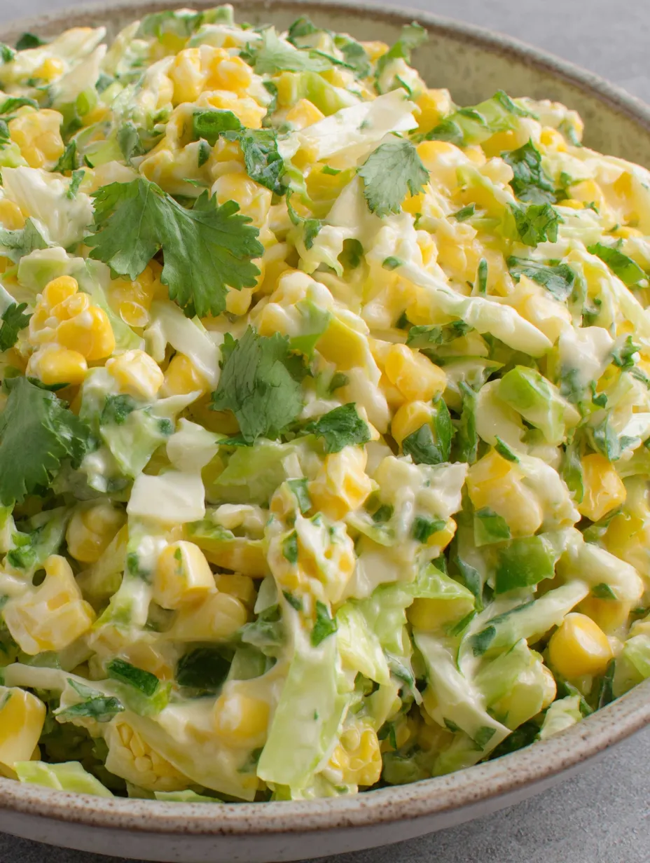 A bowl of jalapeno corn coleslaw.