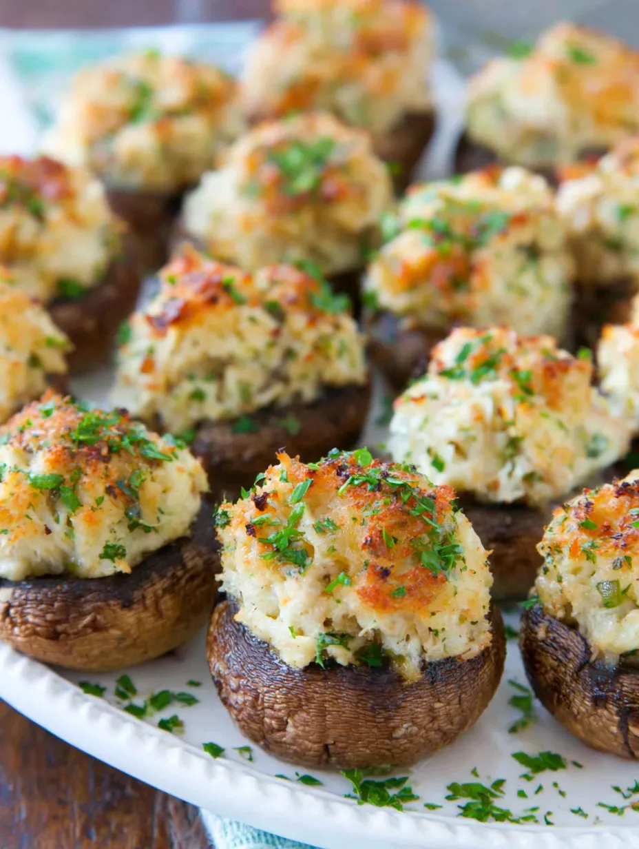 A plate of creamy crab stuffed mushrooms.