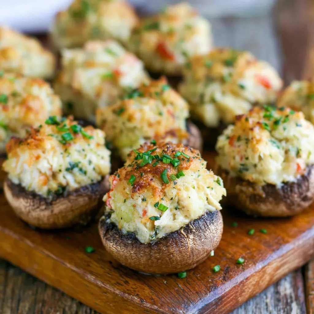 A plate of creamy crab stuffed mushrooms.