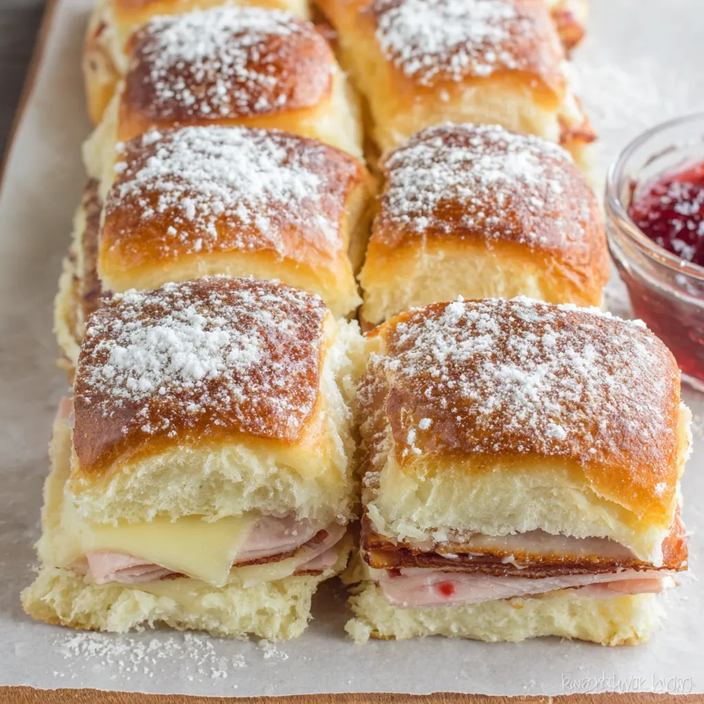 Monte Cristo sliders with powdered sugar.