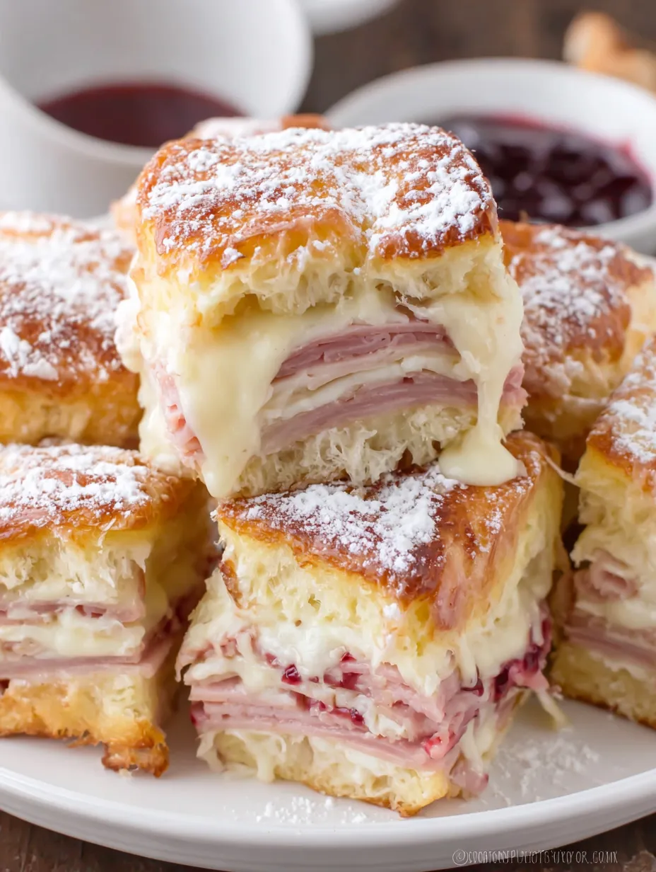 Monte Cristo sliders with powdered sugar.