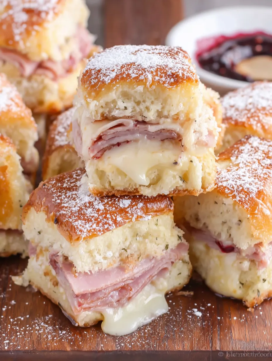 Monte Cristo sliders with powdered sugar.