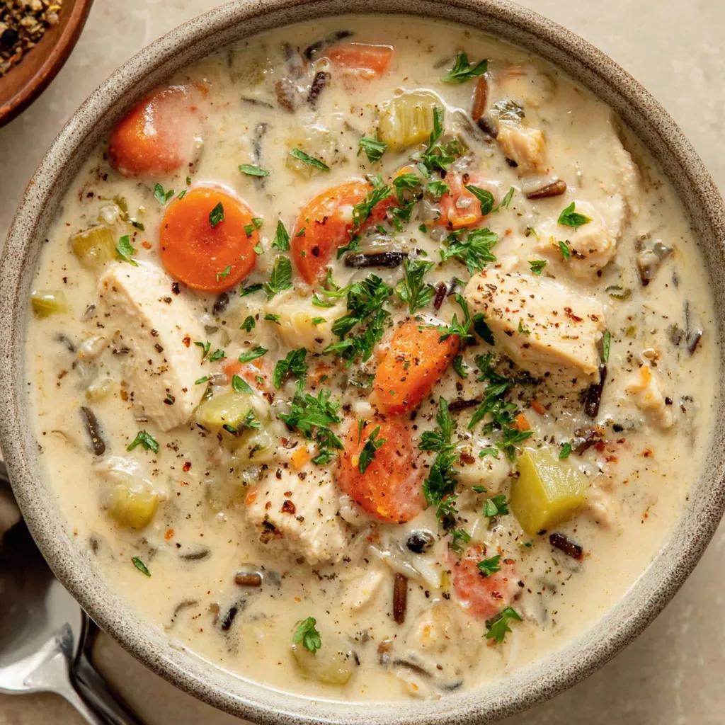 A bowl of soup with chicken and carrots.