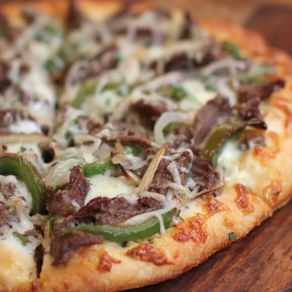 A slice of cheesesteak pizza.