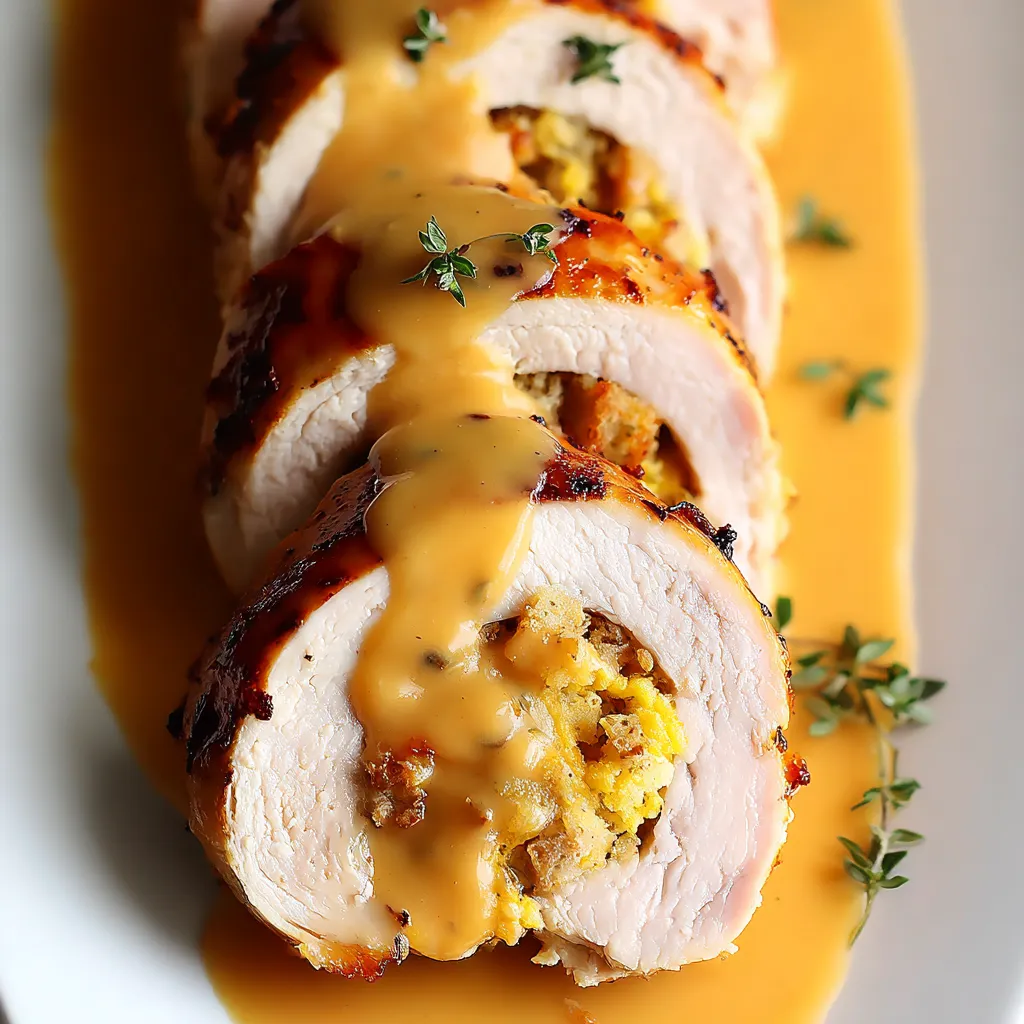 Turkey and stuffing roll ups on a plate.