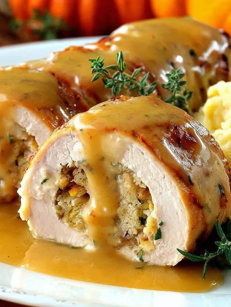 Turkey and stuffing roll ups on a plate.