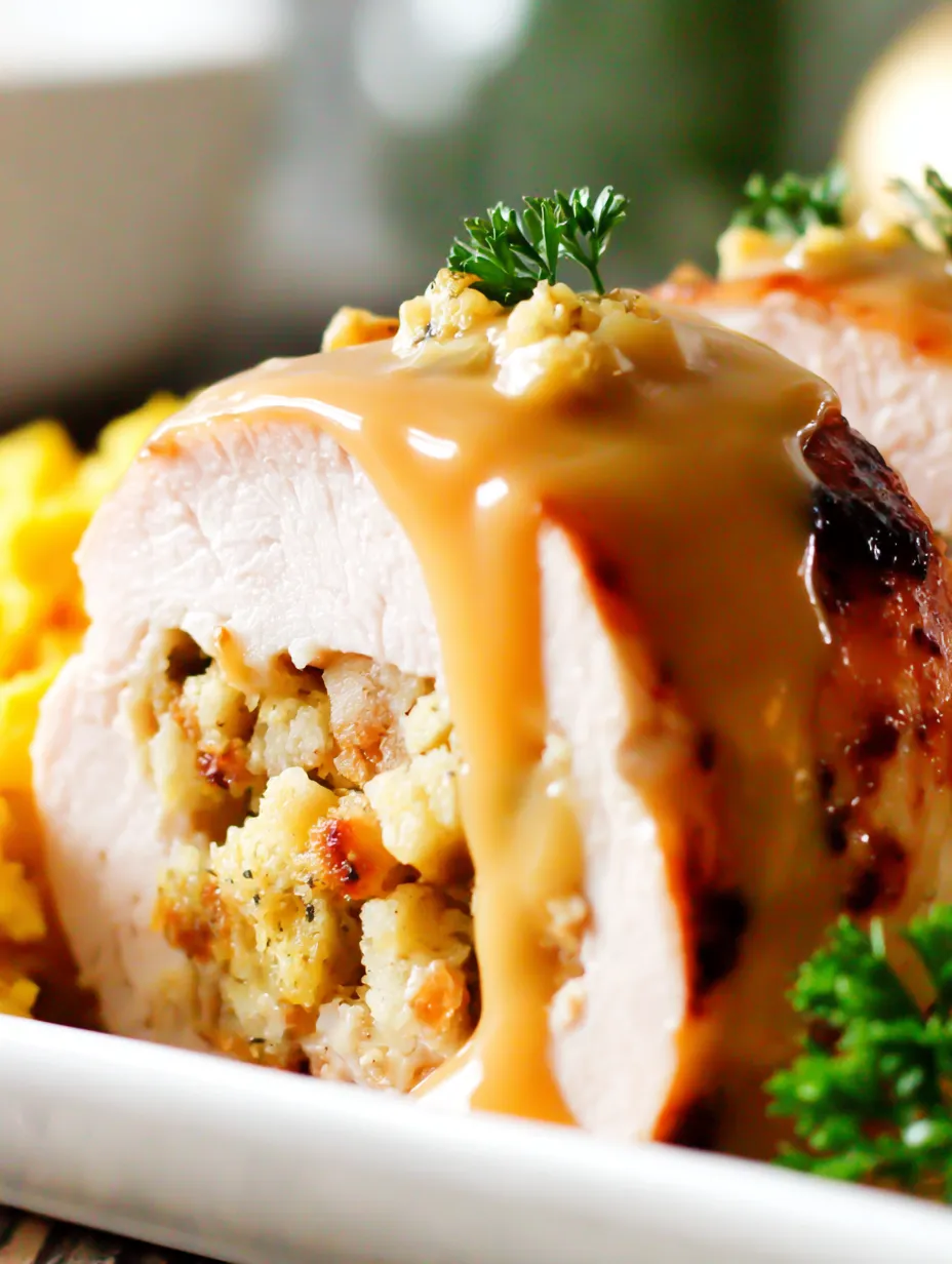 Turkey and stuffing roll ups with gravy.