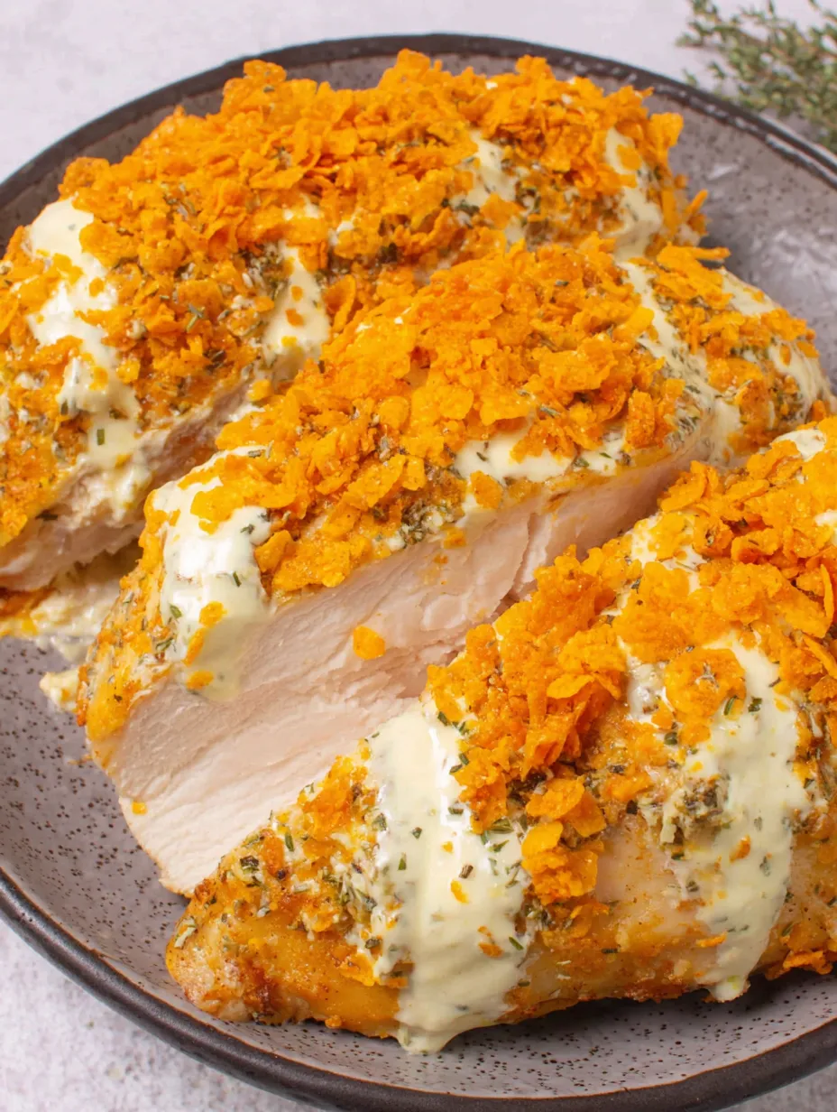 A plate of chicken with a cream cheese and bacon stuffed Doritos topping.