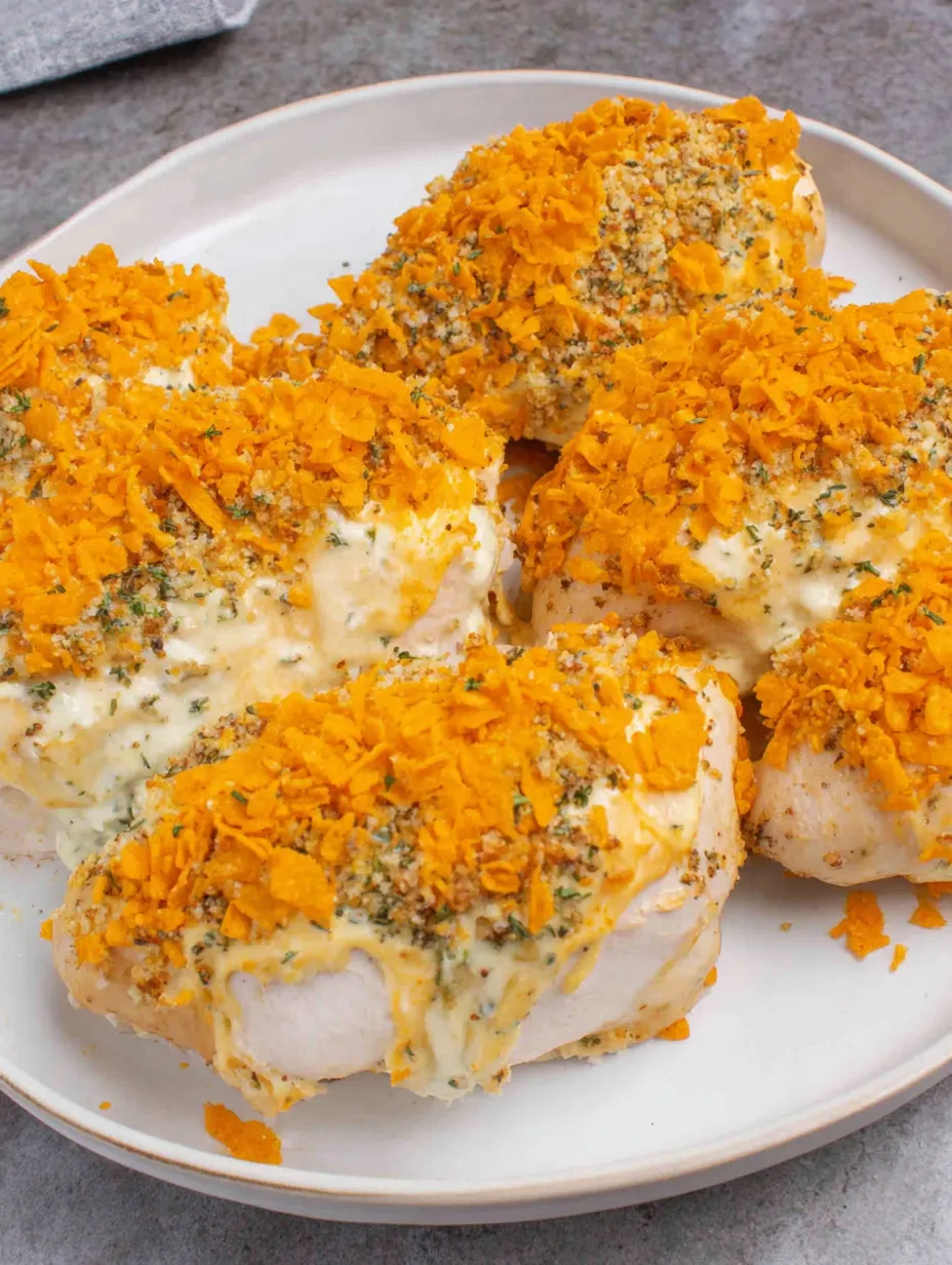 A plate of cream cheese and bacon stuffed Doritos chicken.